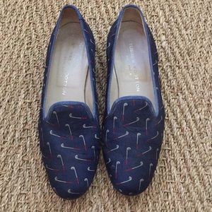 Stubbs and Wootton silk Slippers, Navy “swing” 8.